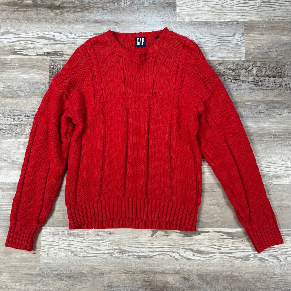 Vintage GAP Red Cable Knit Cotton Sweater Chunky Retro Winter Large